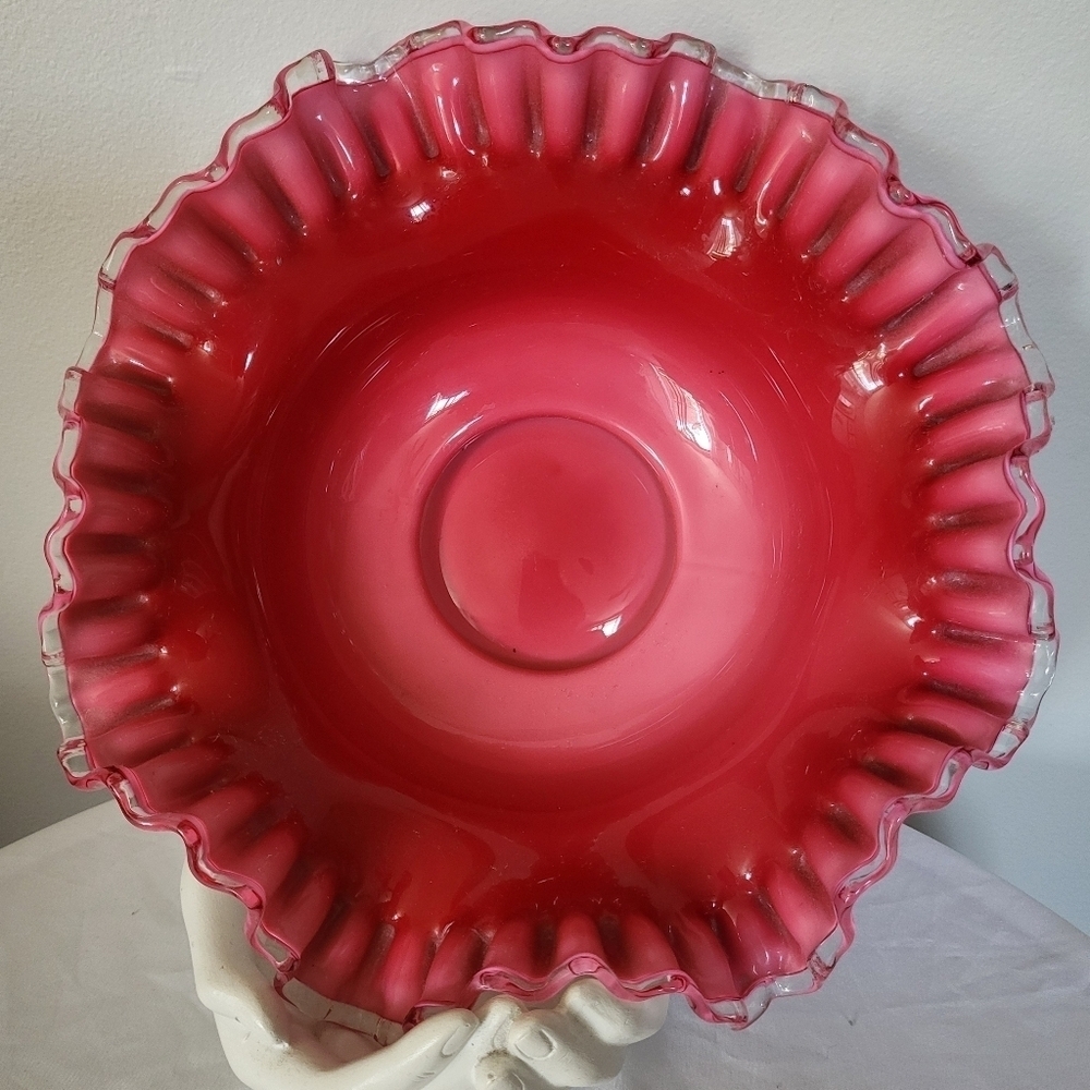 Vintage Fenton Ruffle Crested Glass Bowl In Cranberry 11x11x4.5"
